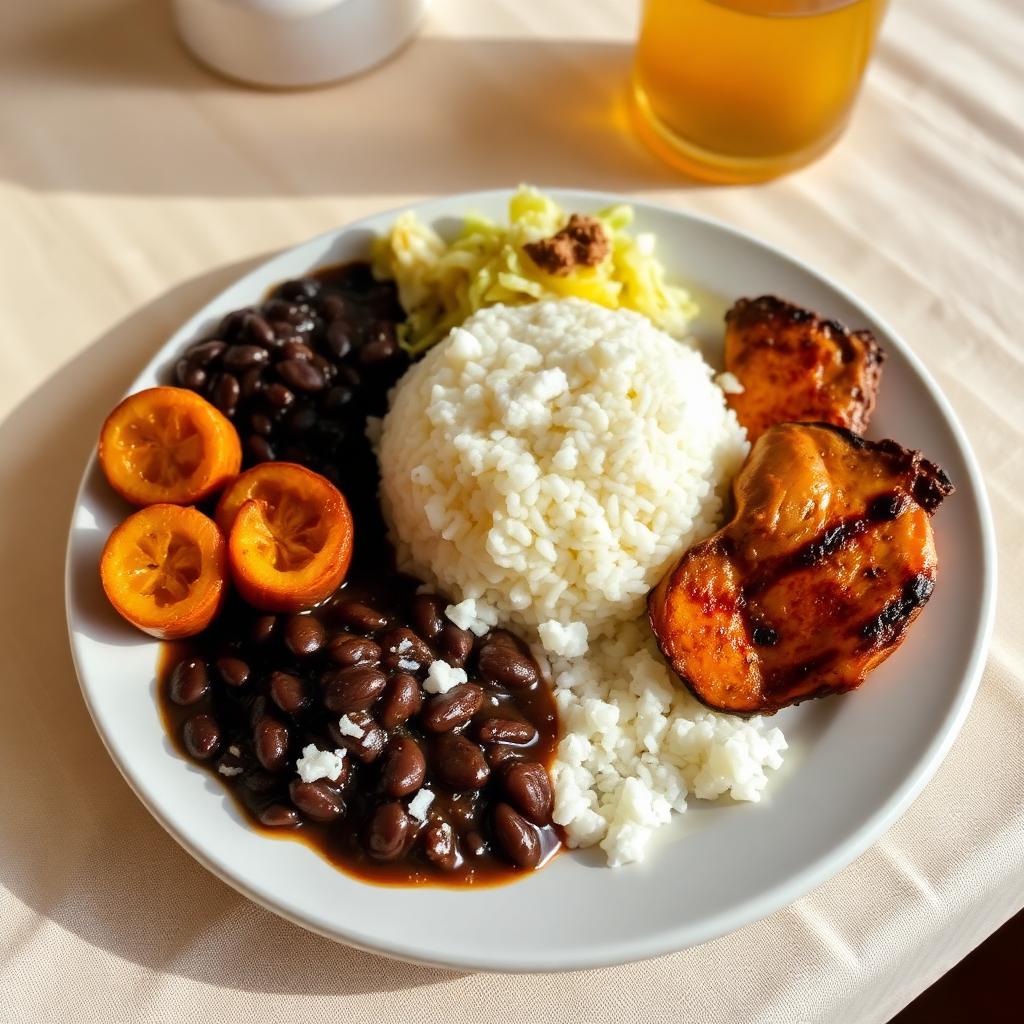 Costa Rican casado plate with rice, beans, plantains and grilled chicken