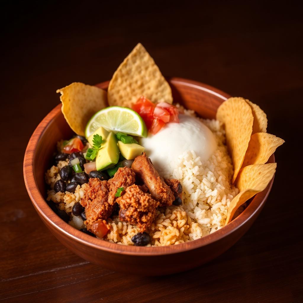 Chifrijo bowl with rice, beans, chicharrón, avocado and tortilla chips