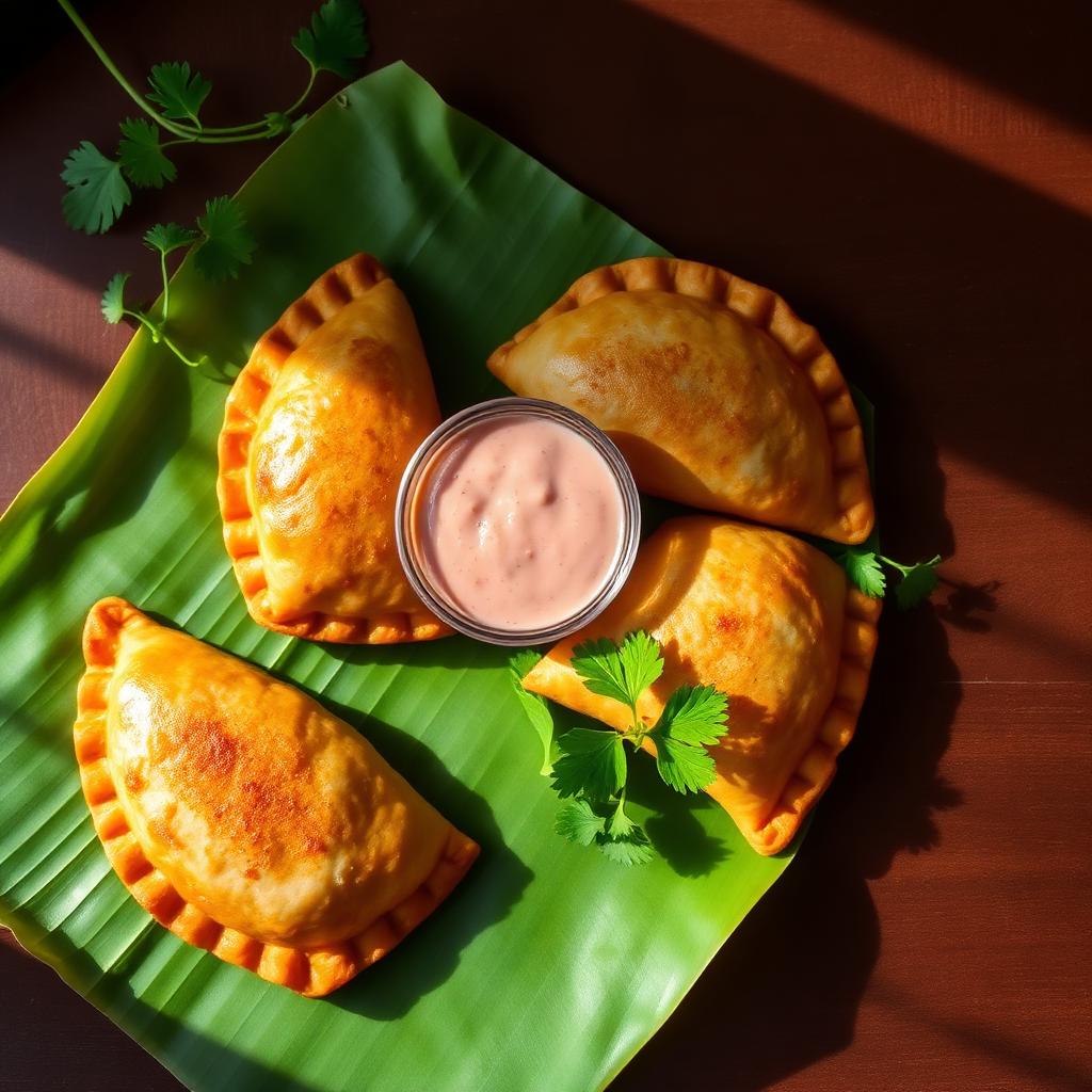 Golden Costa Rican empanadas on a banana leaf with pink dipping sauce