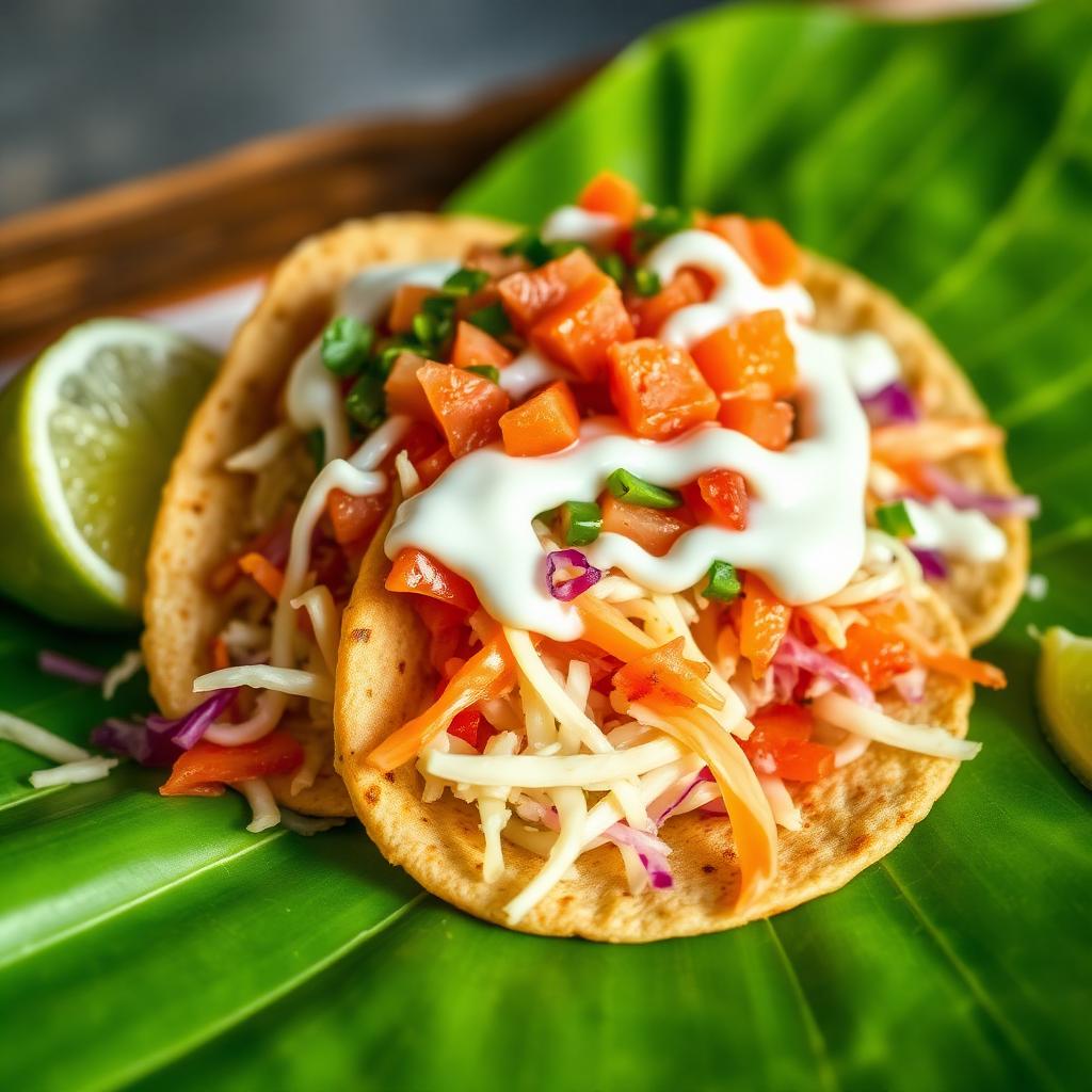 Crispy Taco Tico topped with cabbage, pico de gallo and white sauce