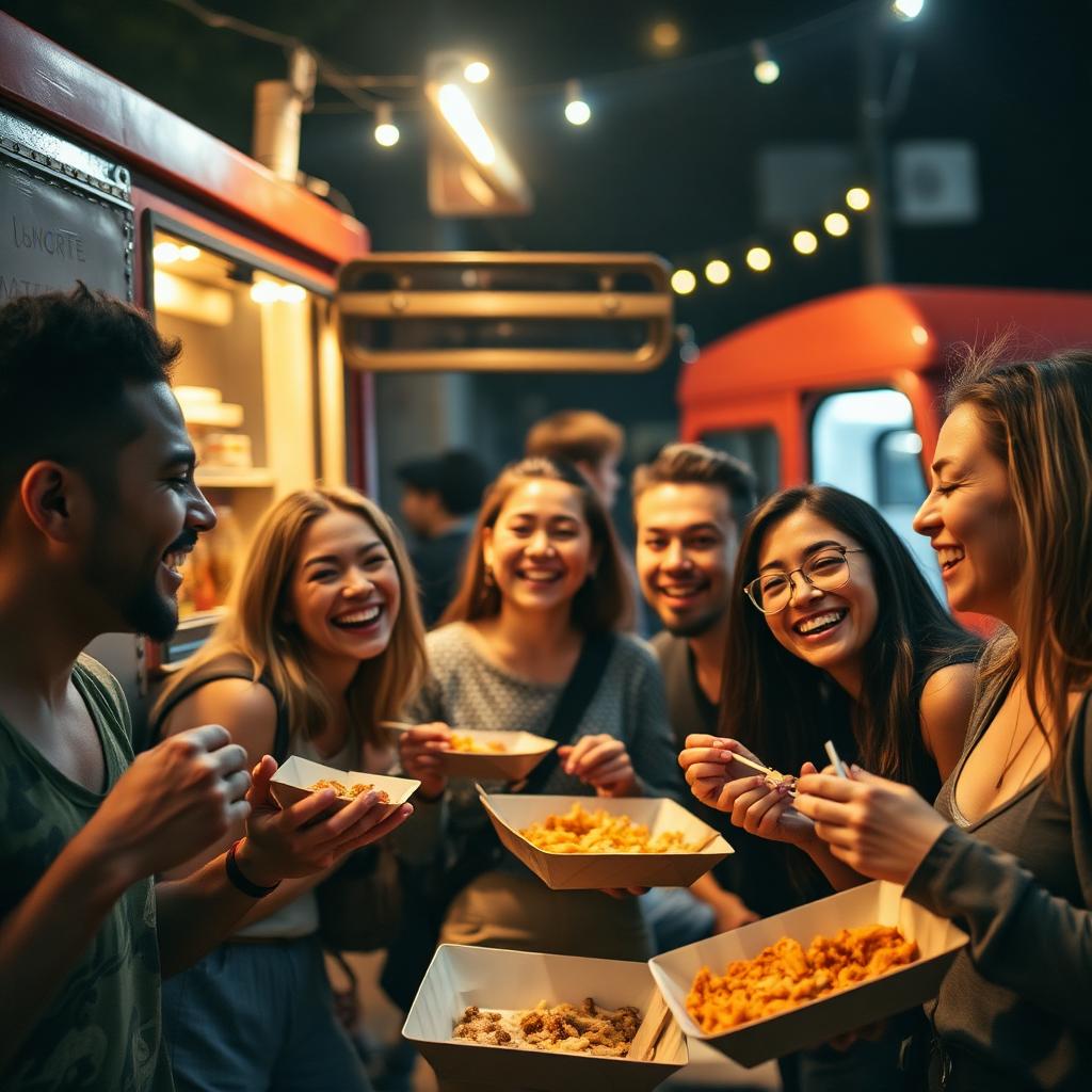 Friends laughing while eating Costa Rican street food beside the truck at night