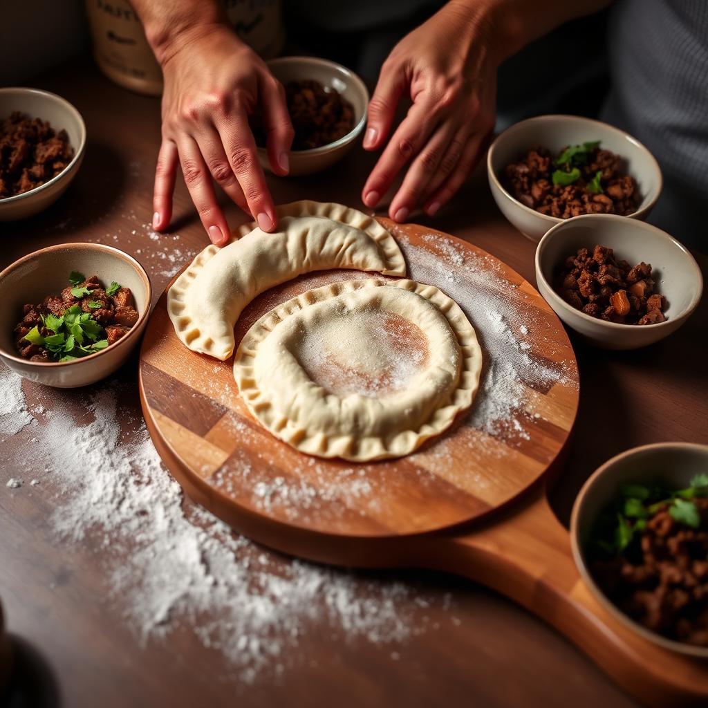 Hands folding empanada dough beside bowls of seasoned beef filling