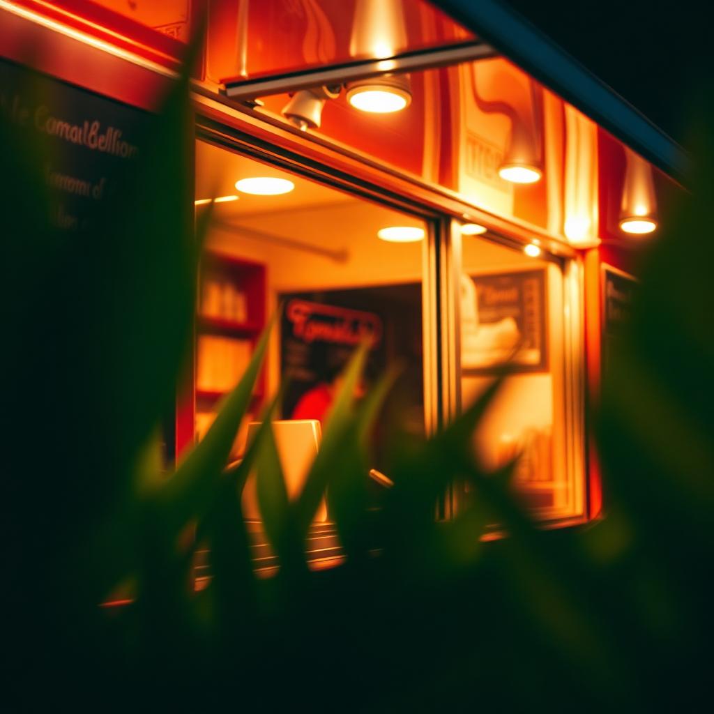 Glowing food truck serving window at night framed by tropical leaves